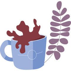 Light Blue Cup With Dark Red Liquid Splash and Purple Leaf Plant Element on Transparent Background
