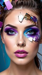 Woman with elaborate makeup, crystals, and vibrant colors