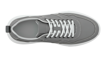 Overhead view depicts a gray athletic shoe with white laces and sole against a black background