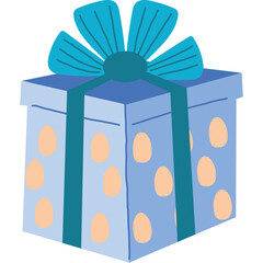 Light Blue Gift Box With Orange Egg Pattern And Teal Ribbon Bow On Top For Celebration Holiday Present Surprise