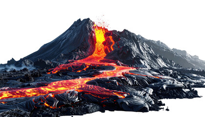 Volcanic eruption fiery lava streams down mountain, erupting smoke