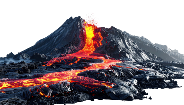 Volcanic eruption fiery lava streams down mountain, erupting smoke