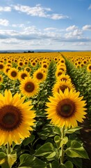 Fototapeta premium Field of blooming sunflowers under a bright blue sky with scattered white clouds sunny day