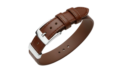 Close up of a classic brown leather watch strap with a polished metallic buckle isolated on black