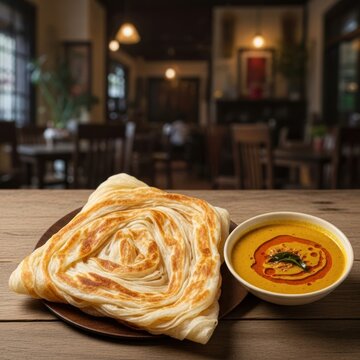 Freshly Made Layered Parotta with Savory Curry in a Cozy Restaurant.