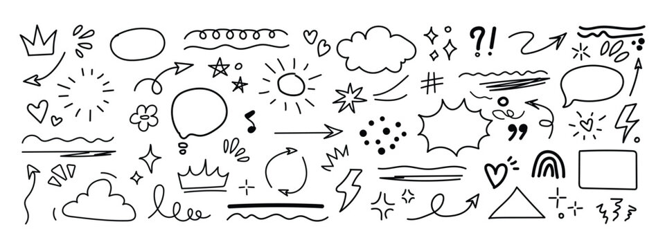 Collection of hand drawn doodle arrows speech bubbles shapes and abstract elements on white background