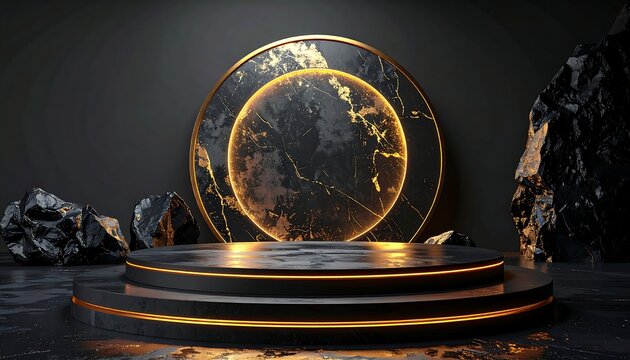 Dark, elegant platform with a gold ring, stones, and marble finish