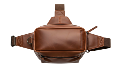 Rich brown leather chest pack displays fine craftsmanship against a dark background