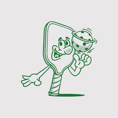 Groovy pickleball racket and ball character in retro cartoon. Mascot, vector, icon, collection, sticker, vintage, illustration, set, funny, logo, comic, editable, sport