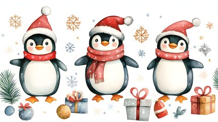 Fototapeta premium Adorable Watercolor Penguin Collection Wearing Winter Hats and Scarves surrounded by Delicate Snowflakes Perfect for Festive Holiday Projects
