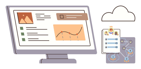 Computer screen displaying data analytics with graphs, images, and tasks. Includes rankings leaderboard and cloud symbol. Ideal for teamwork, productivity, insights, goals, analysis ranking simple