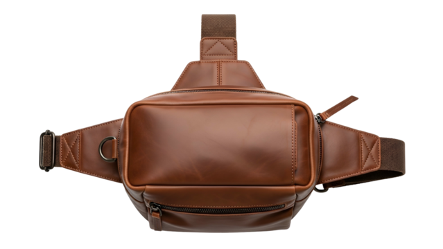 Rich brown leather chest pack displays fine craftsmanship against a dark background