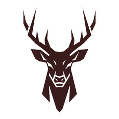 A stylized, geometric brown silhouette of a stag's head with large, prominent antlers on a white background.