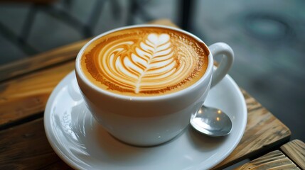 Classic cup of coffee with detailed latte art sits on a rustic wooden table in a cafe setting.