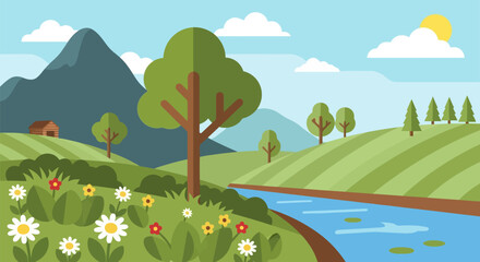 Fototapeta premium Scenic landscape featuring mountains a lake green hills and a clear blue sky