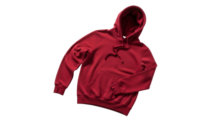 Bright red hooded sweatshirt laid out against a solid black background