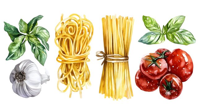 watercolor Detailed Illustration of Freshly Made Pasta Twists on a Clean Background for Culinary and Recipe Projects