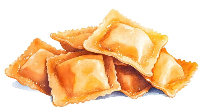 A watercolor painting of Ravioli di Ricotta e Spinaci, artistically capturing the ravioli with ricotta and spinach, topped with a butter and sage sauce, in a vibrant and expressive style.