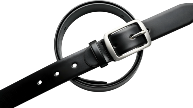 Elegant black leather accessory is coiled artistically against a dark backdrop