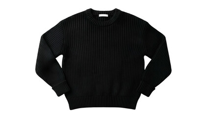 Dark knitted crew neck garment displayed against a solid black background
