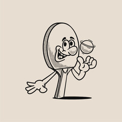 Groovy table tennis racket and ball character in retro cartoon. Mascot, vector, icon, collection, sticker, vintage, illustration, set, funny, logo, comic, editable, sport, ping pong