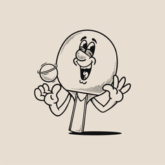 Groovy table tennis racket and ball character in retro cartoon. Mascot, vector, icon, collection, sticker, vintage, illustration, set, funny, logo, comic, editable, sport, ping pong