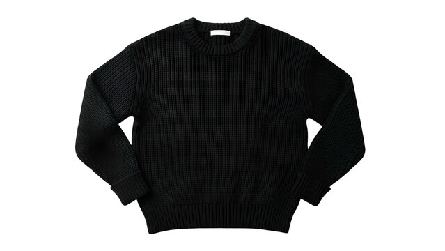 Dark knitted crew neck garment displayed against a solid black background