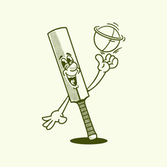 Groovy cricket stick and ball character in retro cartoon. Mascot, vector, icon, collection, sticker, vintage, illustration, set, funny, logo, comic, editable, sport