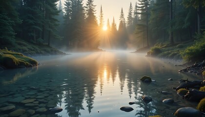 Sunrise Over Misty Forest River Landscape