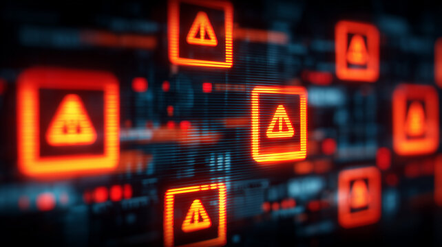 Repeating warning icons across a network console, illustrating multiple issues, incident escalation, and operational risk tracking.
