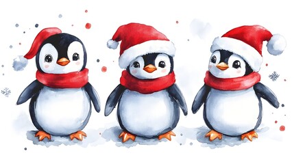 Fototapeta premium Three adorable penguins, dressed in winter hats and scarves, stand on a snowy landscape in a whimsical watercolor painting.