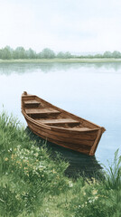 Obraz premium A Serene Landscape Featuring a Tranquil Wooden Boat by the Water's Edge, Showcasing the Natural Beauty and Reflection of the Surrounding Flora and Soft Sky