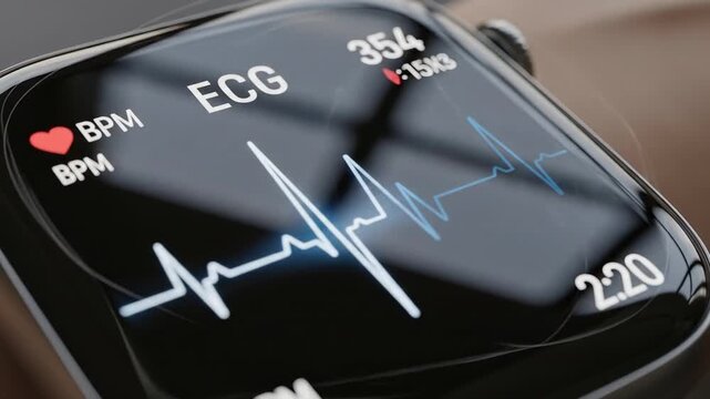A smartwatch screen displaying a heart rate monitor (ECG) with time, heart and bpm details
