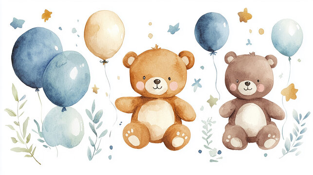 adorable watercolor teddy bear with pastel balloons for nursery decor and children's book illustration
