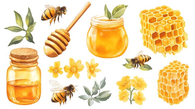 Honey watercolor set with jar, dipper, bees, honeycomb, house and bucket