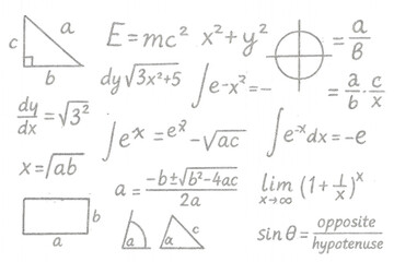 Mathematical formulas and equations scattered randomly on transparent background. Mathematical formulas and scientific equations