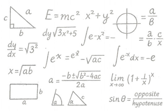 Mathematical formulas and equations scattered randomly on transparent background. Mathematical formulas and scientific equations