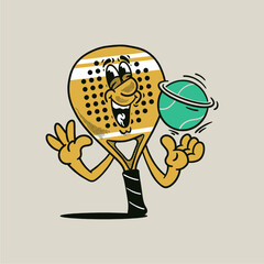 Groovy padel racket and ball character in retro cartoon. Mascot, vector, icon, collection, sticker, vintage, illustration, set, funny, logo, comic, editable, sport