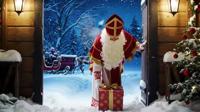merry christmas of Sinterklaas standing by an open door with a gift, revealing a magical snowy forest scene with reindeer and a sleigh.