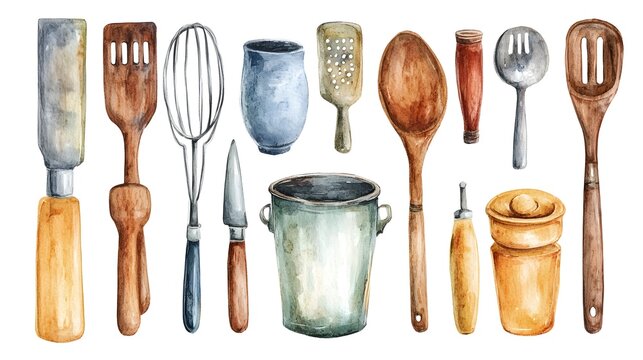 vintage kitchen utensils in watercolor with flowers and bread for a charming nursery decor