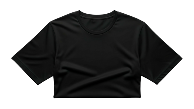 Plain black short sleeve garment presents smooth fabric texture against dark background