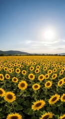 Fototapeta premium Vast field of blooming yellow sunflowers under a bright blue sky with distant rolling hills