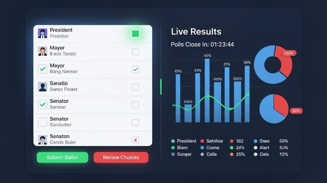Digital election dashboard displaying live results, charts, ballot, and choices, and countdown