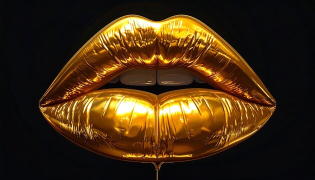 3D gold balloon shaped like glossy lips, isolated on a solid black background. The metallic inflatable design features reflective highlights