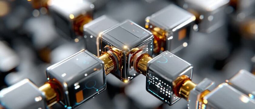 Blockchain Technology: A close-up view unveils an intricate network of interconnected digital blocks, a visual representation of the revolutionary decentralized technology.