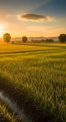 Golden rice fields at sunset with distant mountains and trees calm water reflections