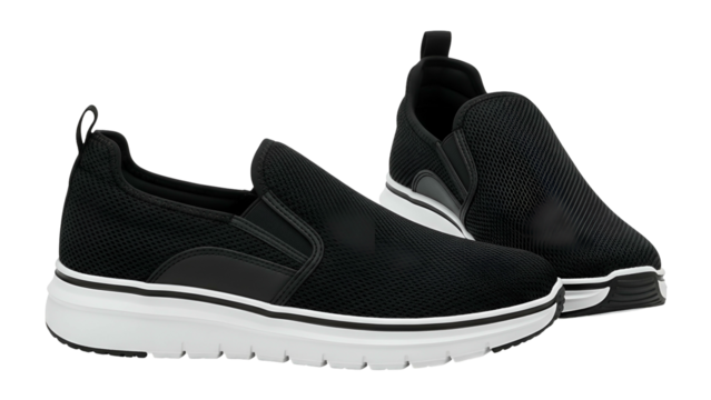 Pair of black mesh slip on athletic footwear displayed against a solid dark background