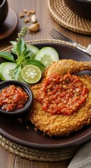 Ayam Geprek, Indonesian Fried Chicken with Spicy Sambal, Cucumber, and Basil.