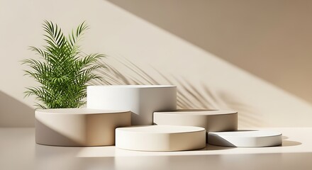 Minimalist Pedestal Display with Tropical Plant and Shadows