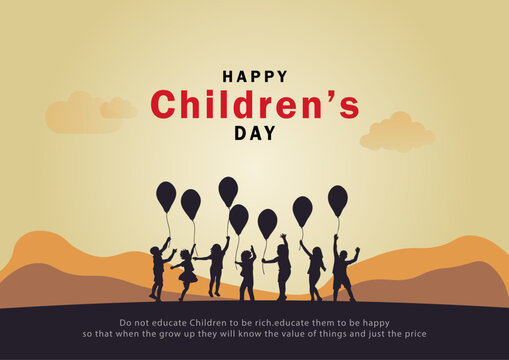 Happy Children&rsquo;s Day Celebration with Balloons and Joyful Kids Silhouette